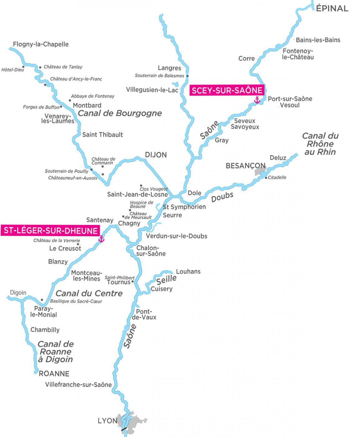 Mapa fluvial Borgoña Saona y Franco Condado
